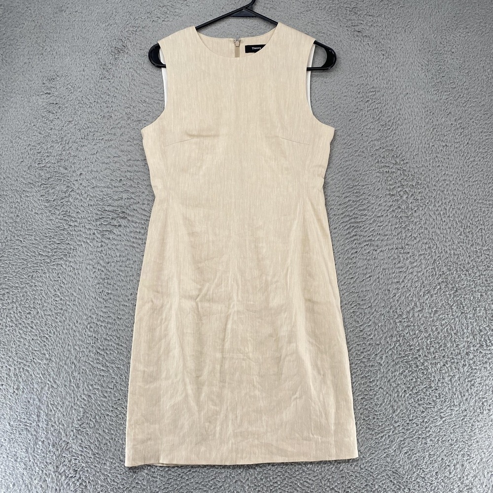 Theory Dress Womens 4 Linen Blend Sheath Sleeveless Beige Office Work Career